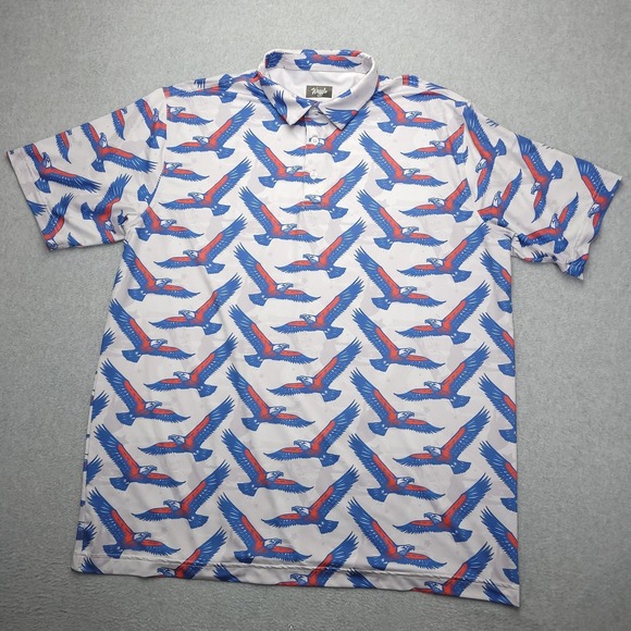 Waggle Polo Shirt Mens 2XL White Blue Red Eagle Print Golf Performance Stretch - Picture 2 of 9